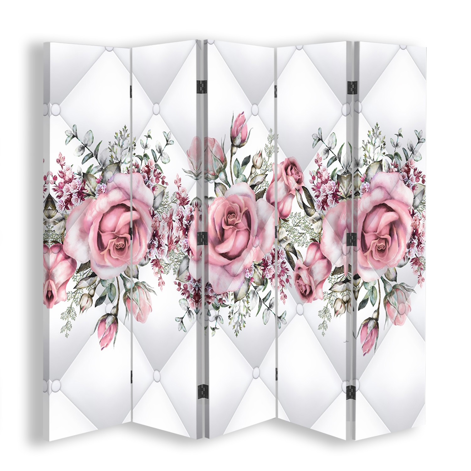 Canvas ruimteverdeler met mdf-frame en bloemmotief in roze afwerking