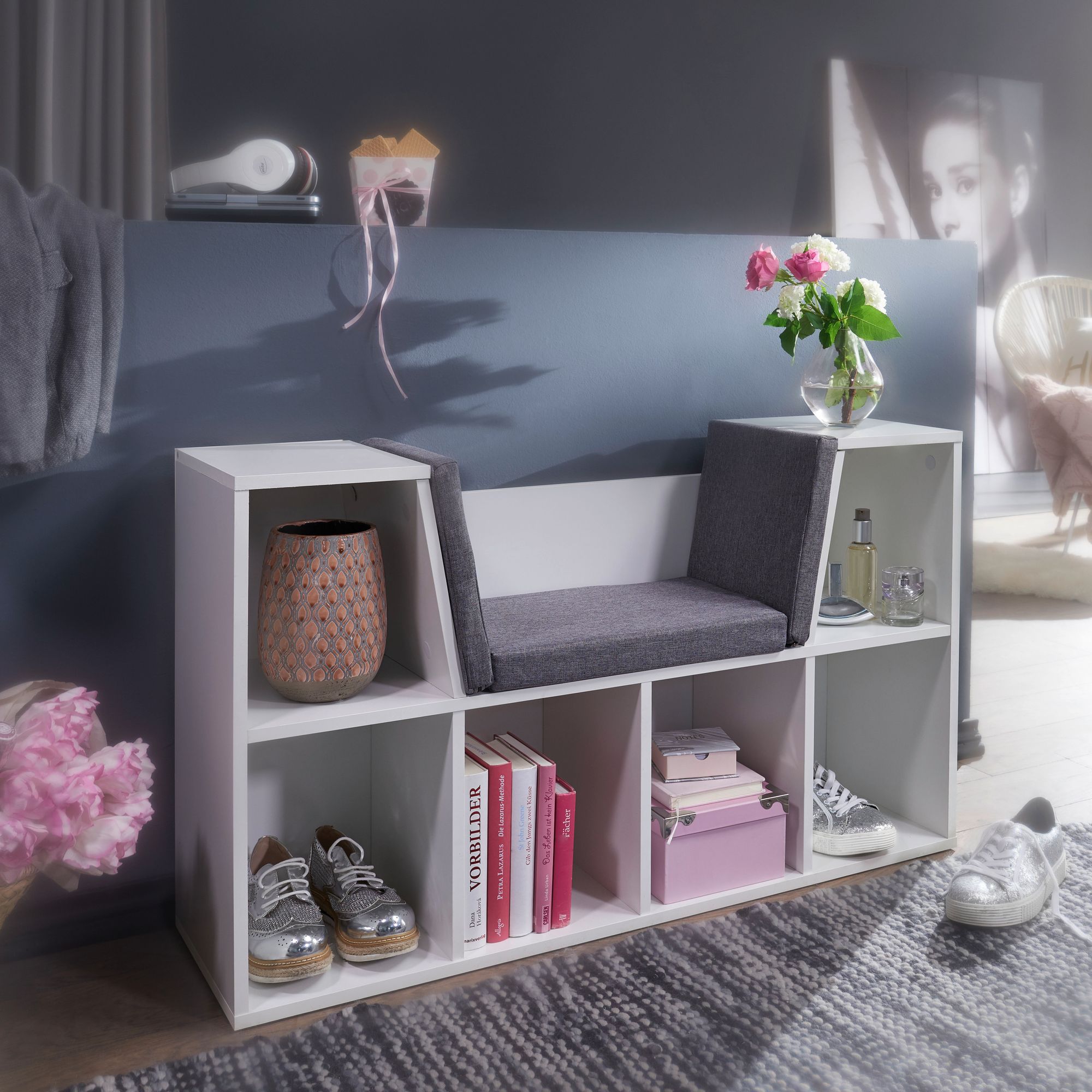 Design Rek met Zitvlak Wit Mat / Grijze Kussen | 101,5x61,5x30 cm | 6 Compartimenten, Modern Bankje