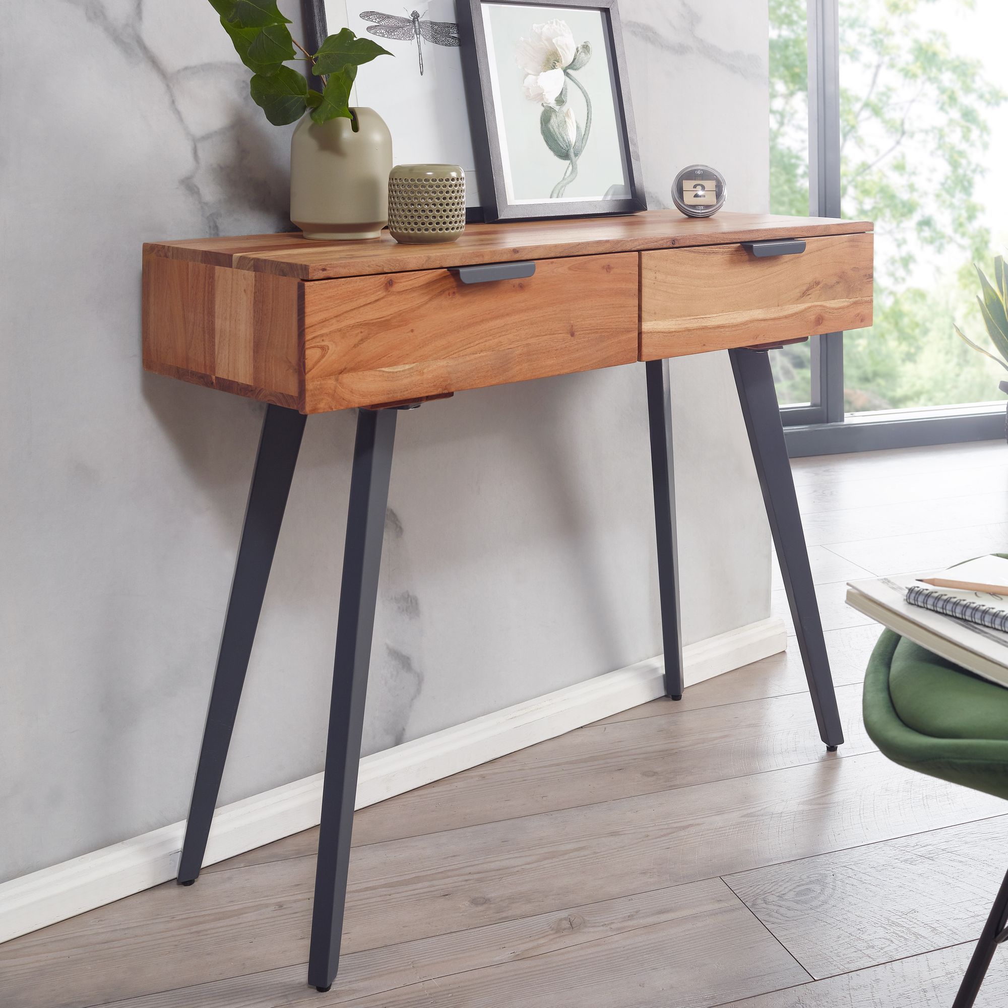 Console  90 x 78 x 36 cm acacia massief houten / metalen console met laden