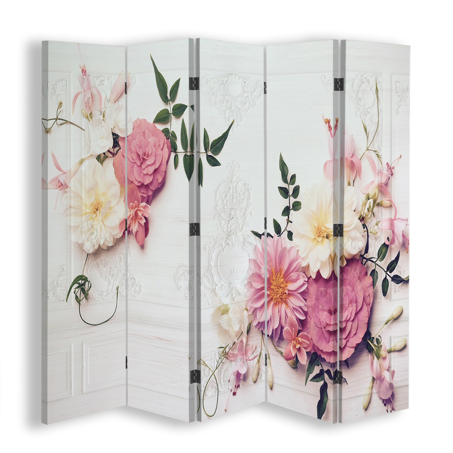 Canvas ruimteverdeler met mdf-frame en een roze bloemmotief
