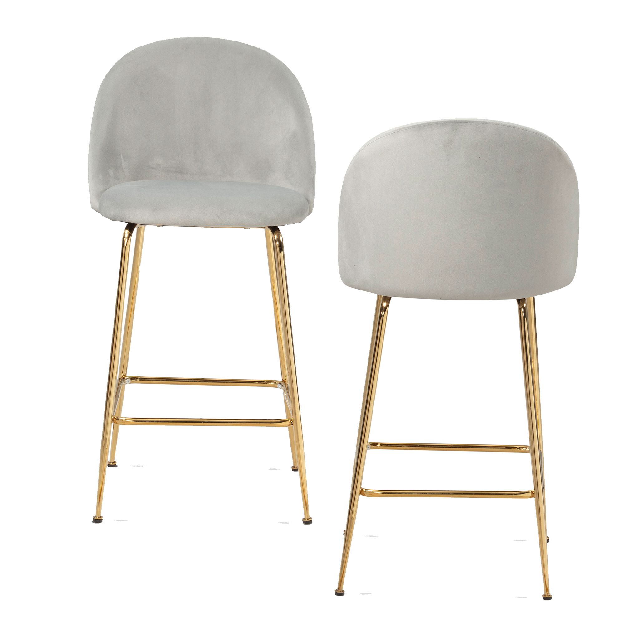 2-delige Set Grijze Fluwelen Barkrukken | Gouden Metalen Poten | 50x50x102 cm