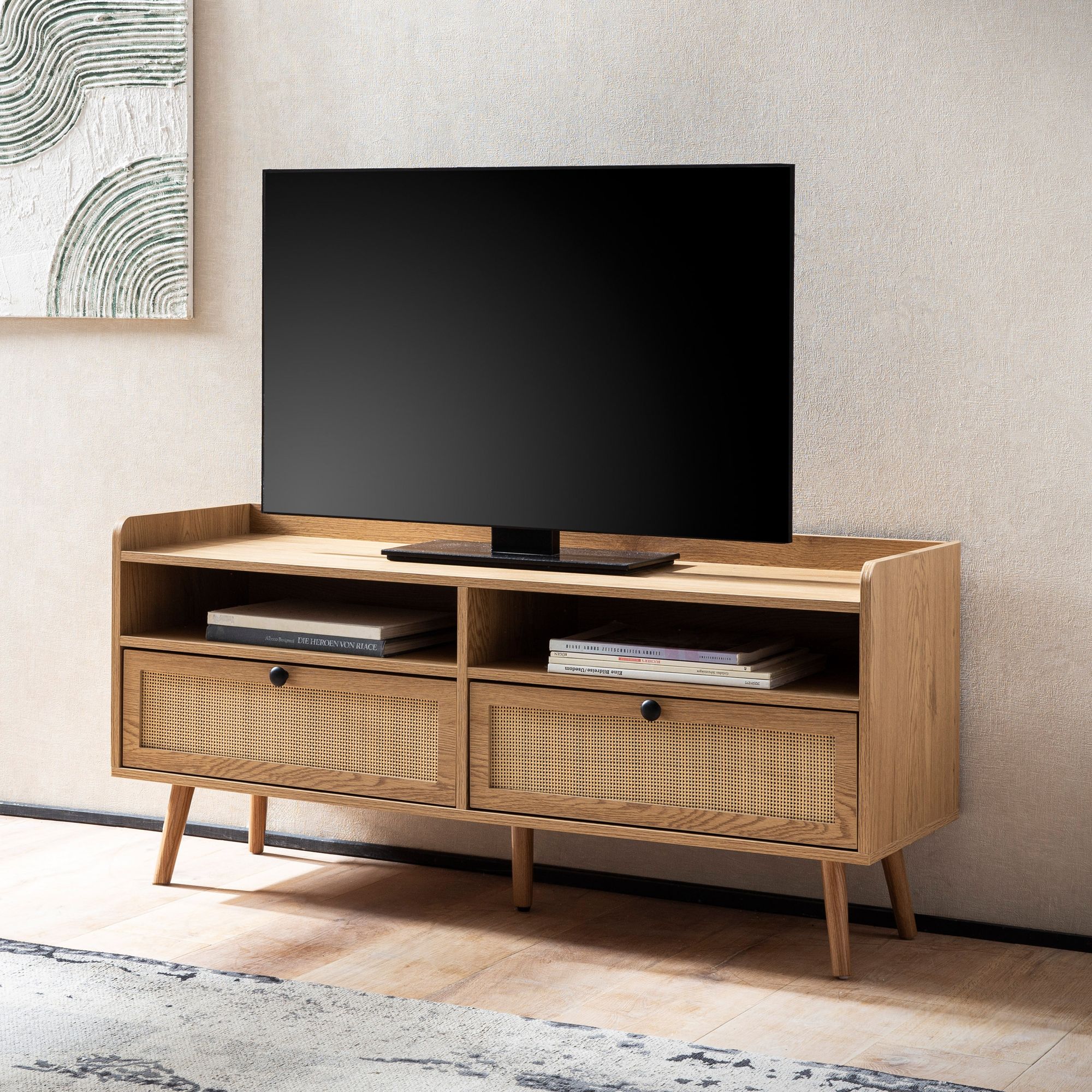 Lowboard 120x56x39 cm Eiken decor & rotan | Bruine TV-kast met zwarte handgrepen