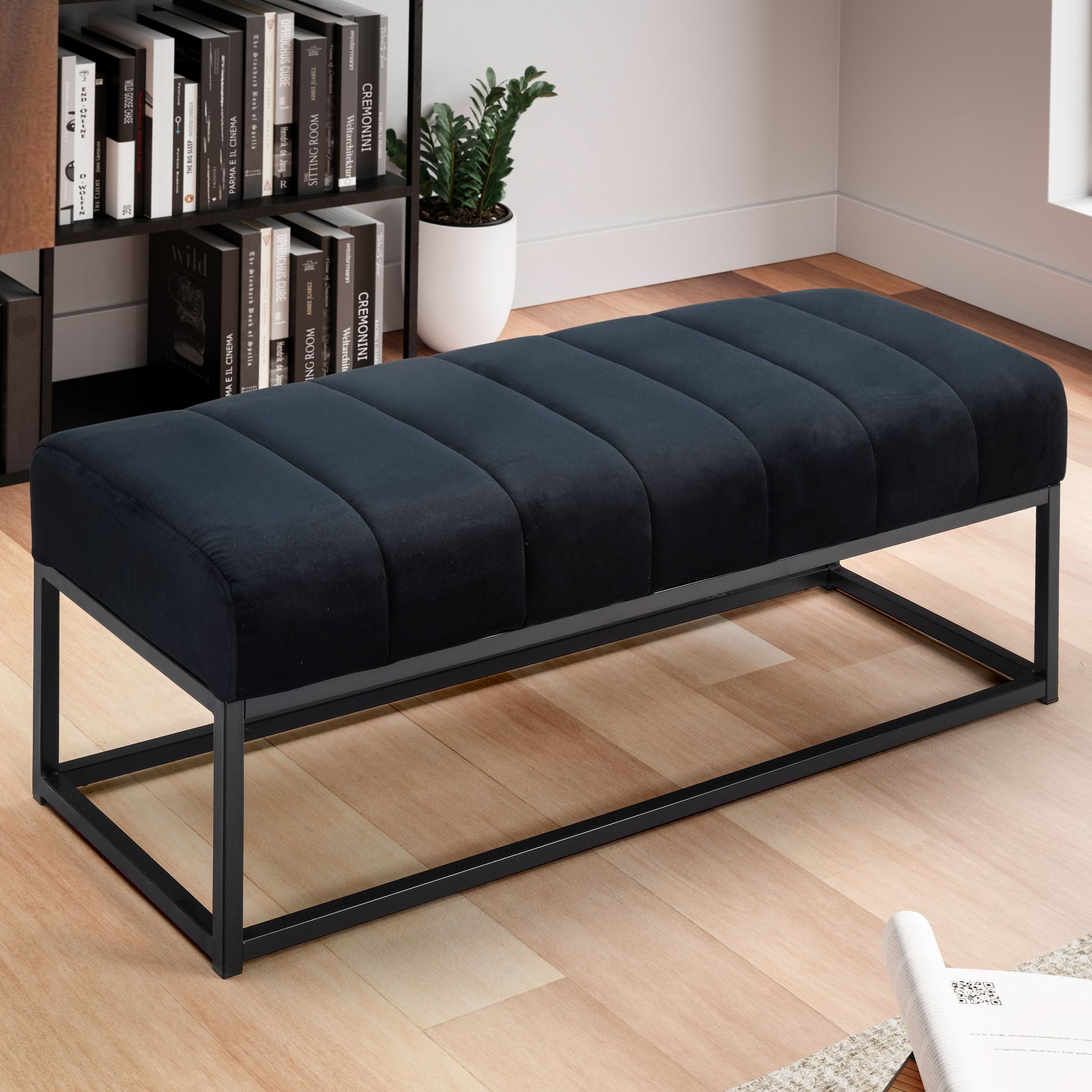 Bank fluweel zwart 108x40x40 cm hal gestoffeerde bank met metalen frame, design bedbank slaapkamer gewatteerd, gangbank kledingkast bank modern