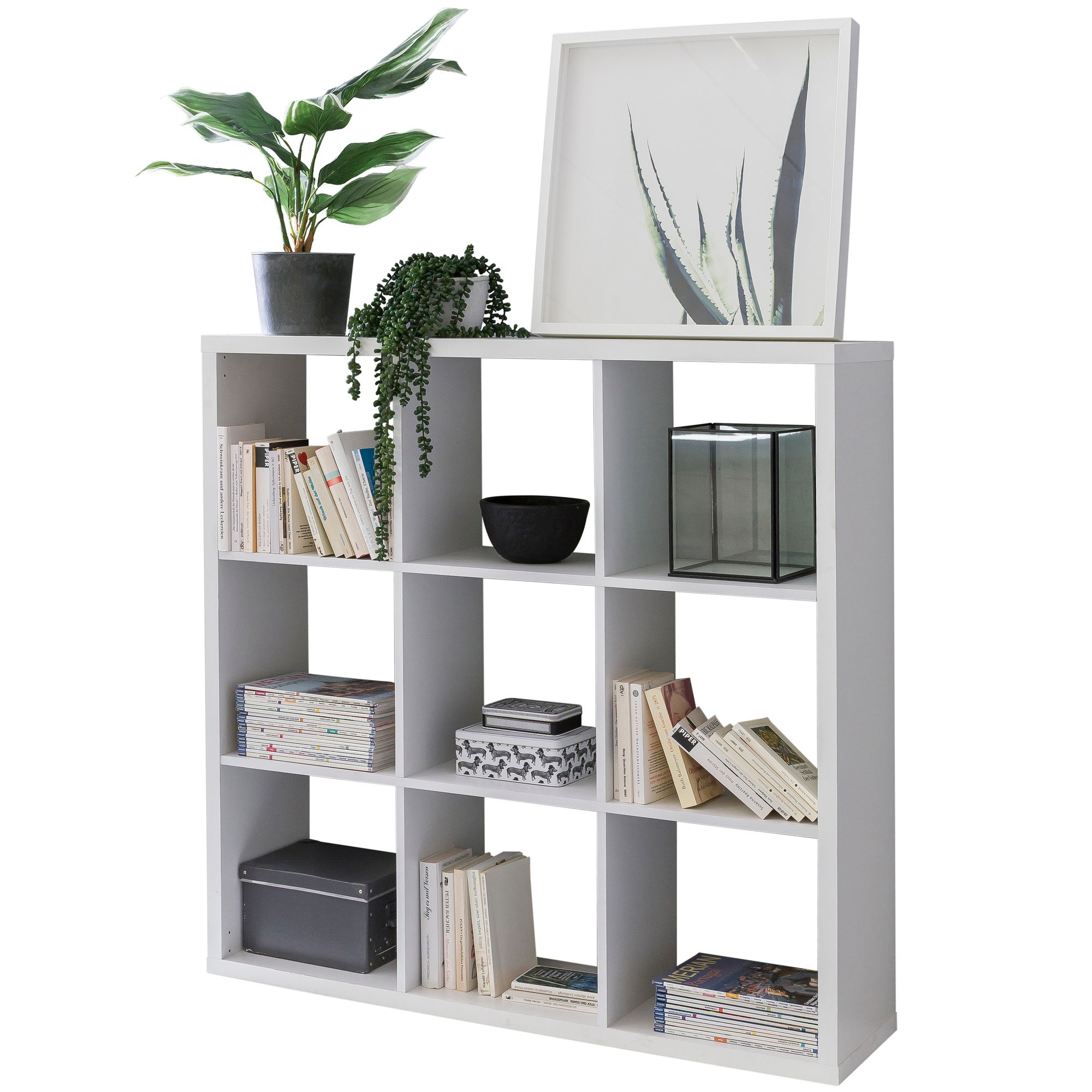 Eddie 112x29x112 cm boekenkast met 9 vakken witte plank houten plank vrijstaand