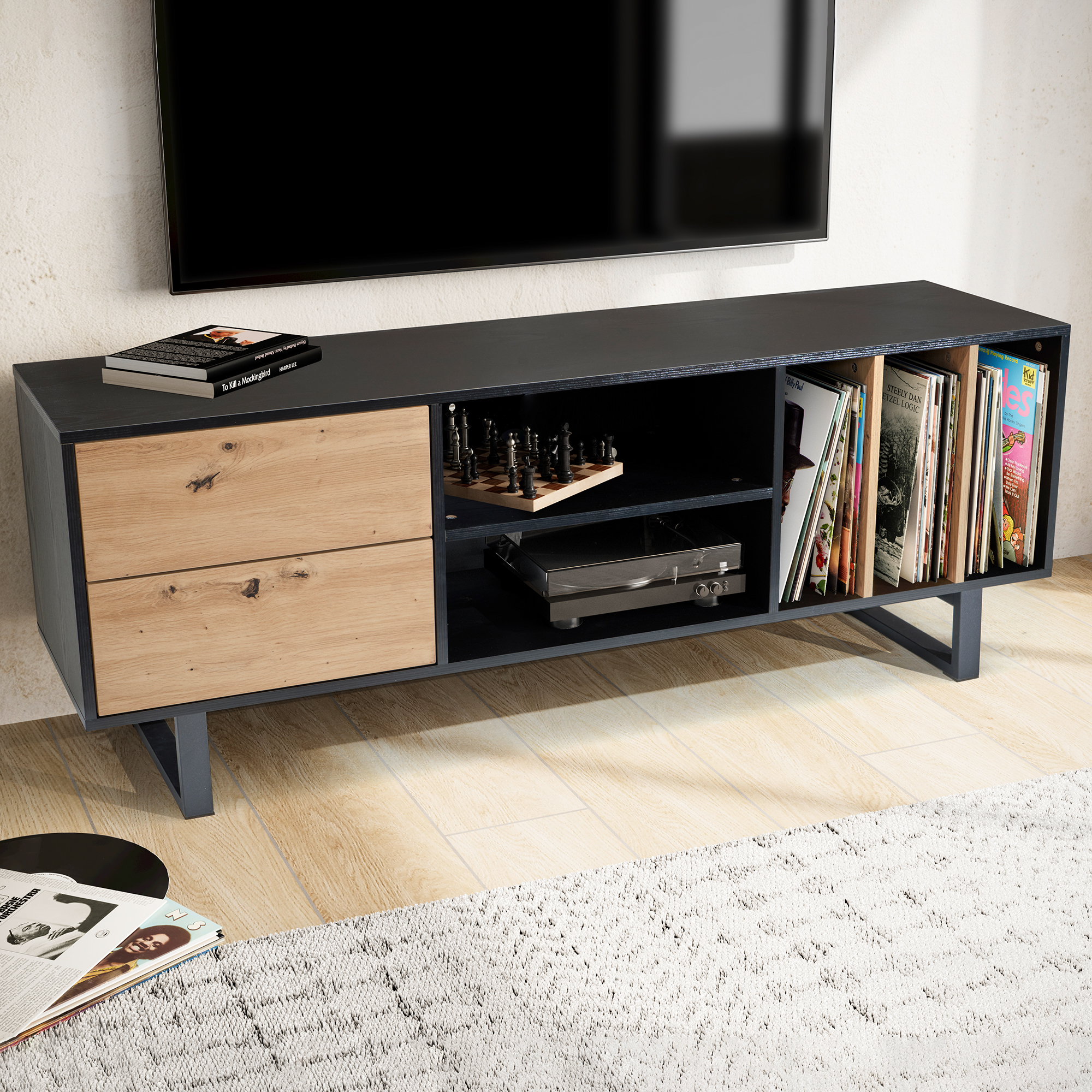 Lowboard zwart met eiken decor | Zwart en eiken kleuren | 150x55x40 cm