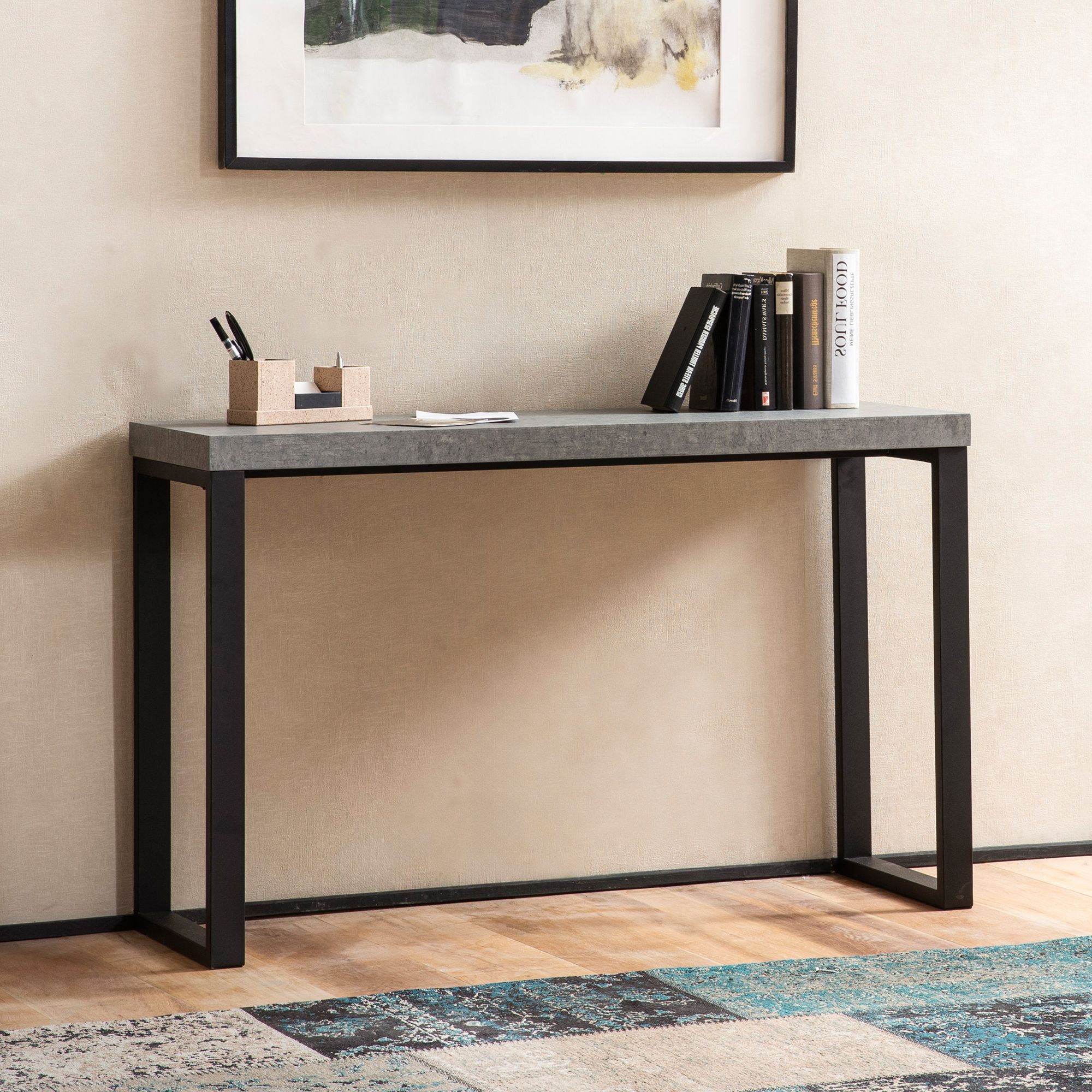 Consoletafel betonlook/zwart 120x40x76 cm design dressoir hal, opbergtafel grijs smal, haltafel met metalen poten, haltafel lang hoog, klein bureau