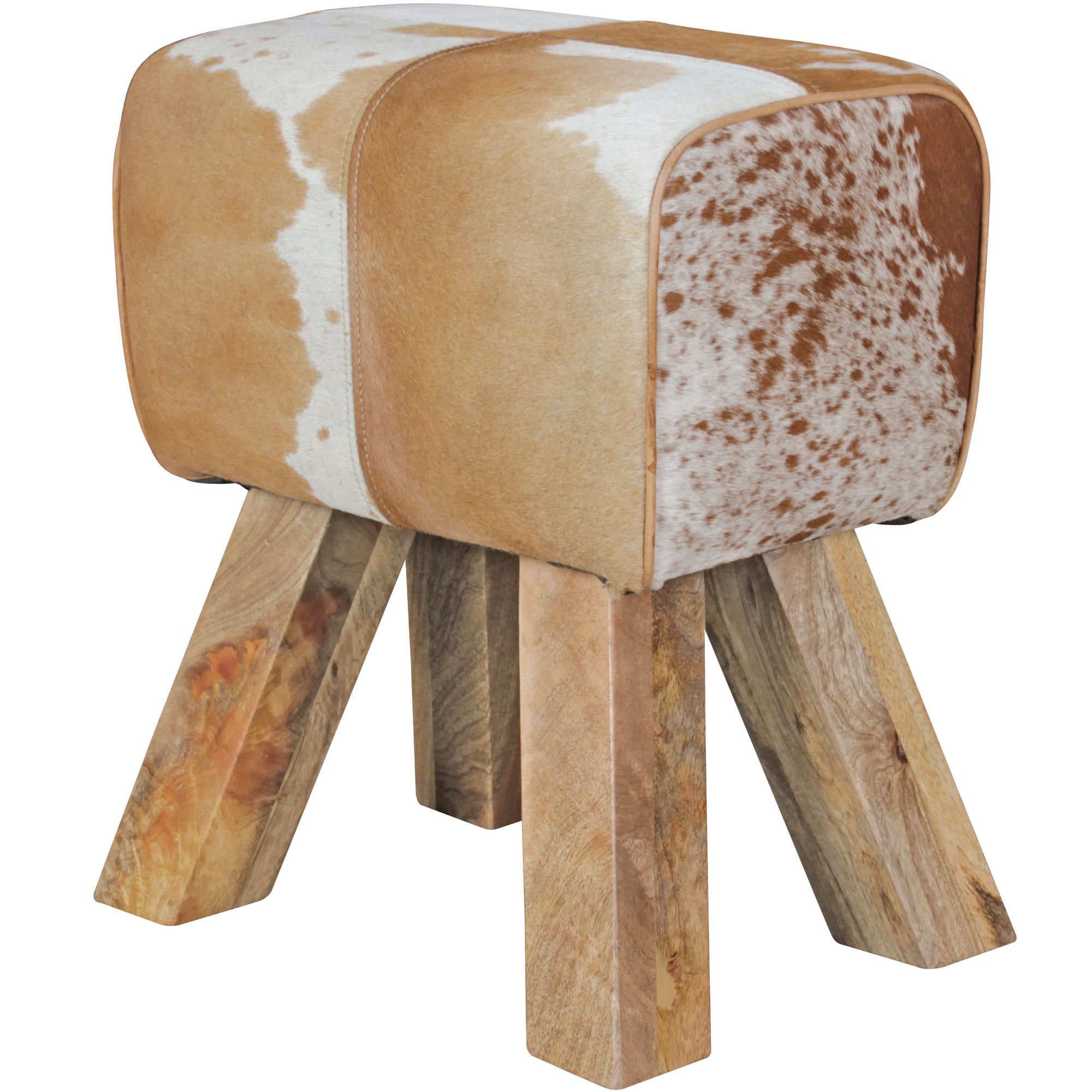 Design Turnbock kruk met geitenharen bruin/wit | 30 x 40 x 47 cm | Massief mangohouten poten