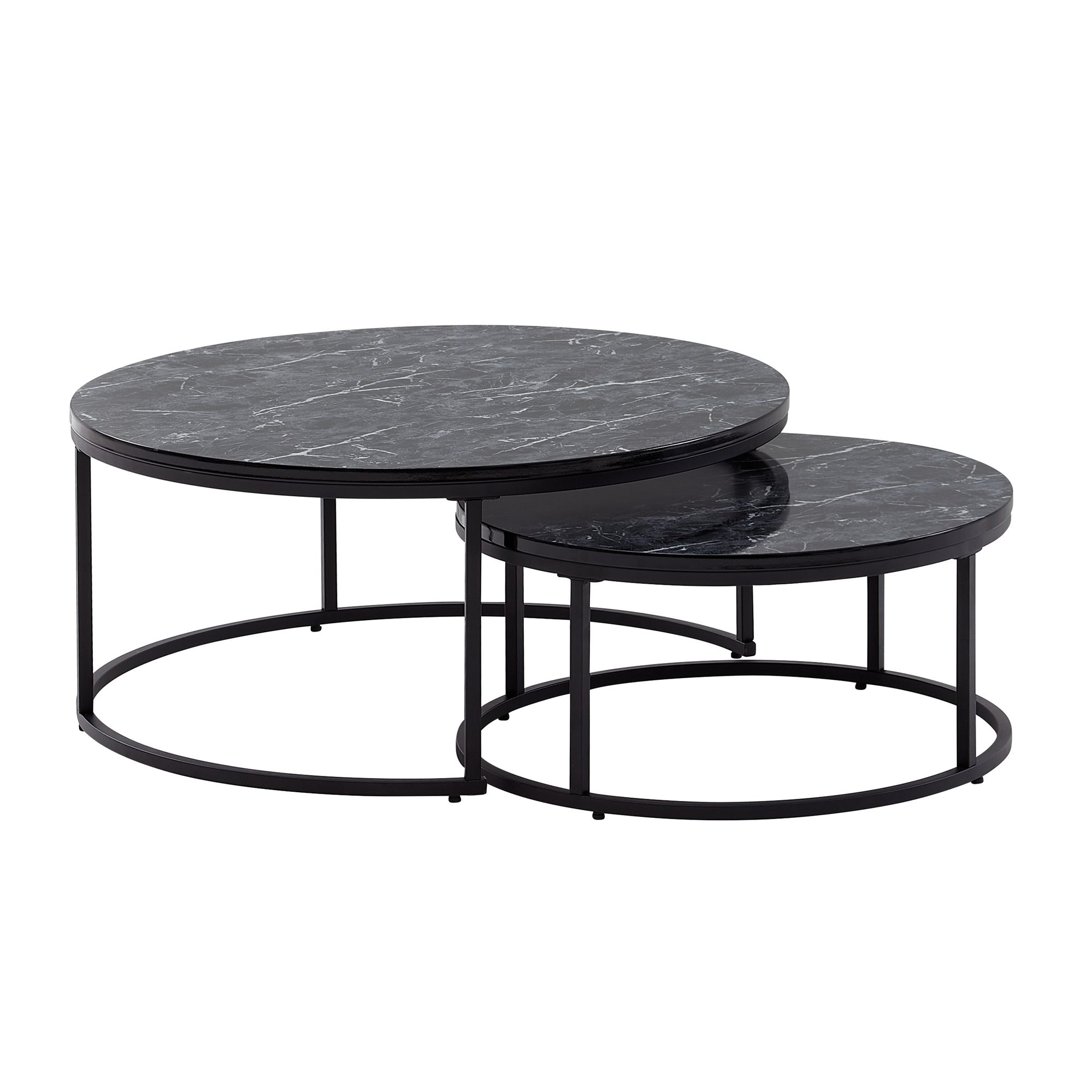 2-delige ronde salontafels zwart marmerlook | 80x36 cm + 60x26 cm | Metaal modern
