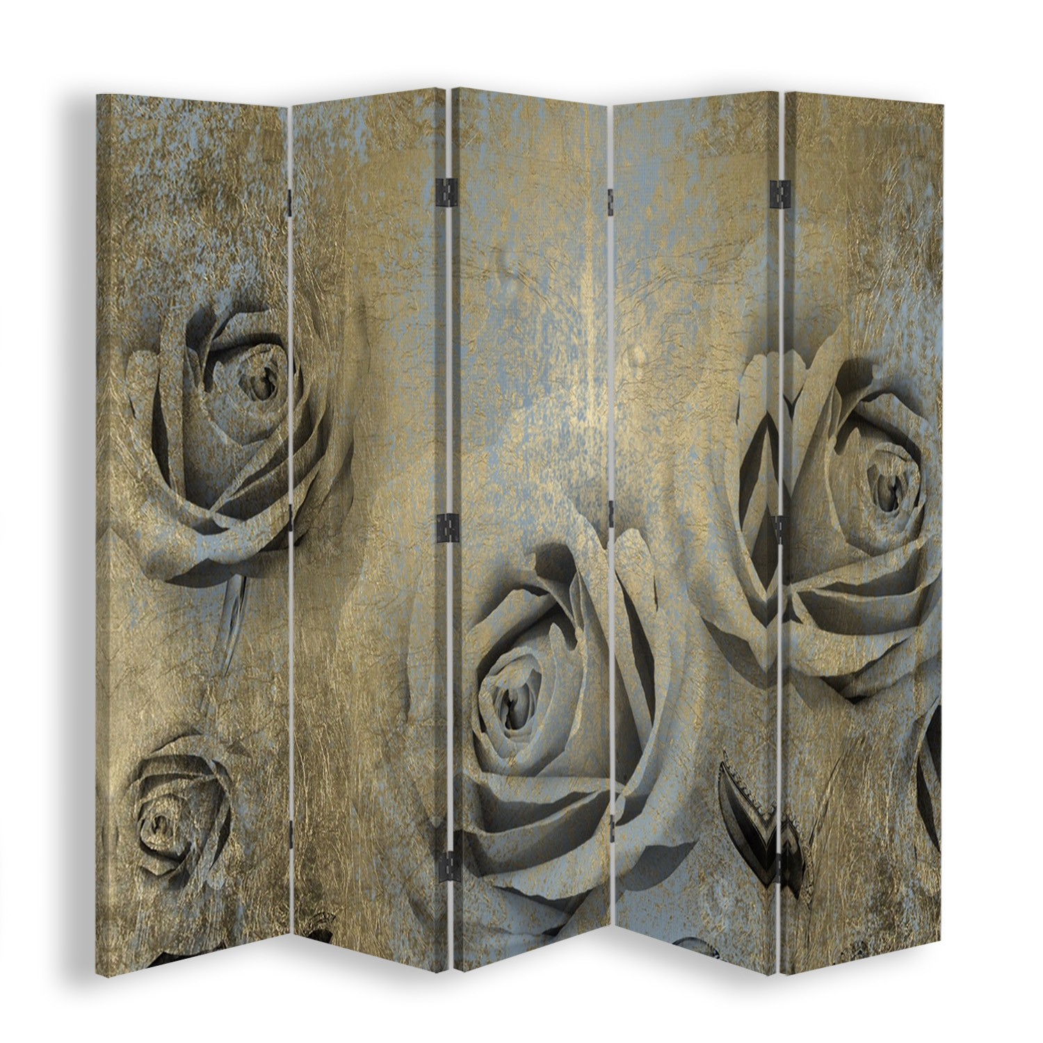 Canvas ruimteverdeler met mdf-frame en bloemmotief in goudkleurige afwerking