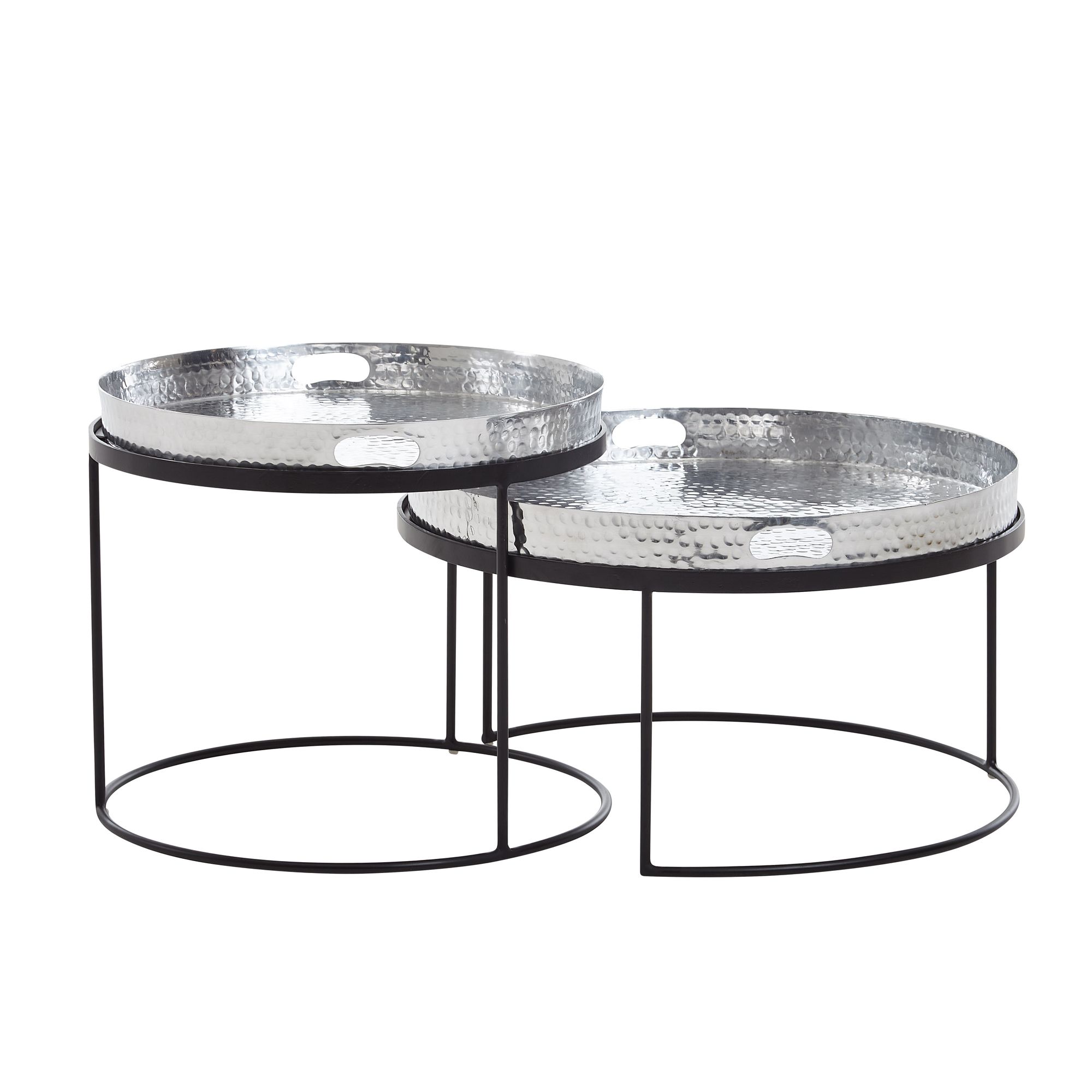 2-Delige Salontafel Set Zilver & Zwart Metaal | Ronde Tafel met Afneembaar Dienblad | Afmetingen 56x56x33 cm & 46x46x41 cm