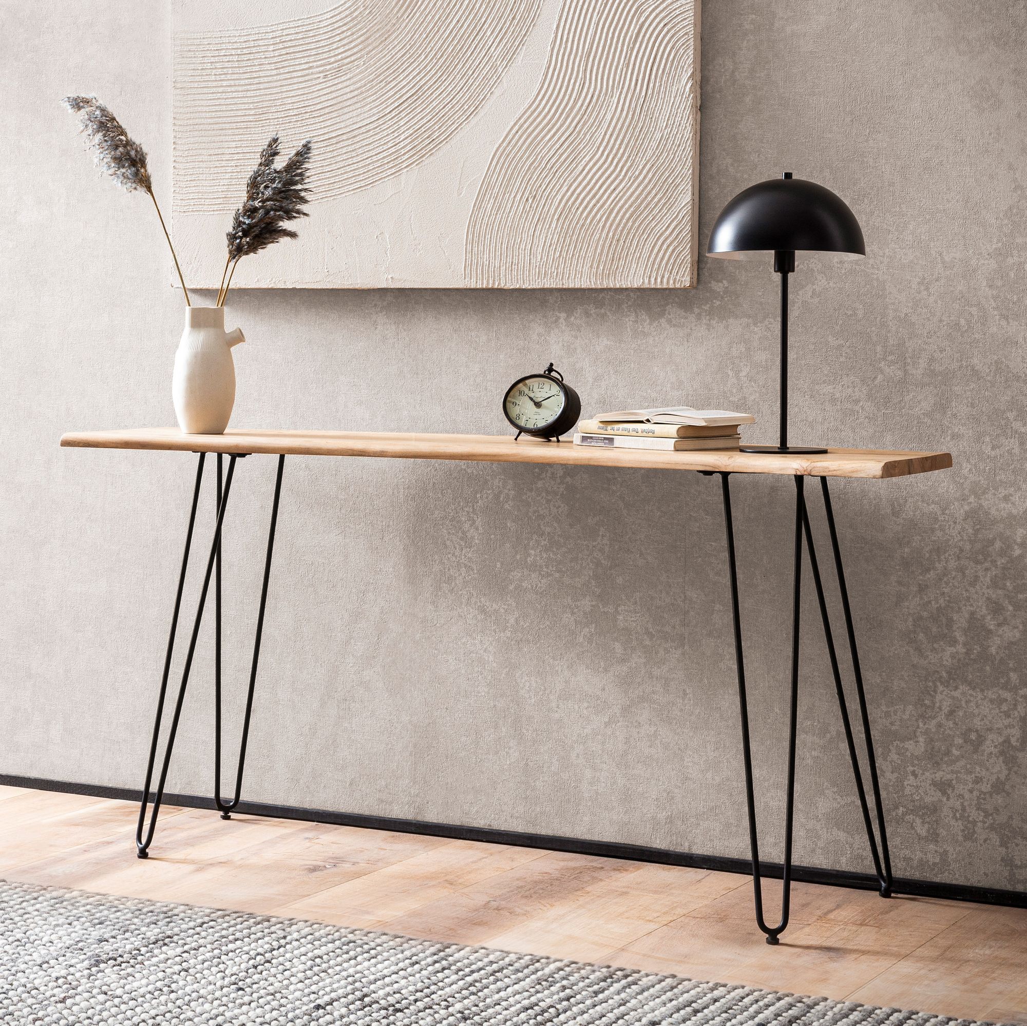 Consoletafel 150x36x75 cm acacia massief hout boomrand dressoir hal, opbergtafel met haarspeldpoten smal modern, haltafel metalen frame, haltafel lang hoog