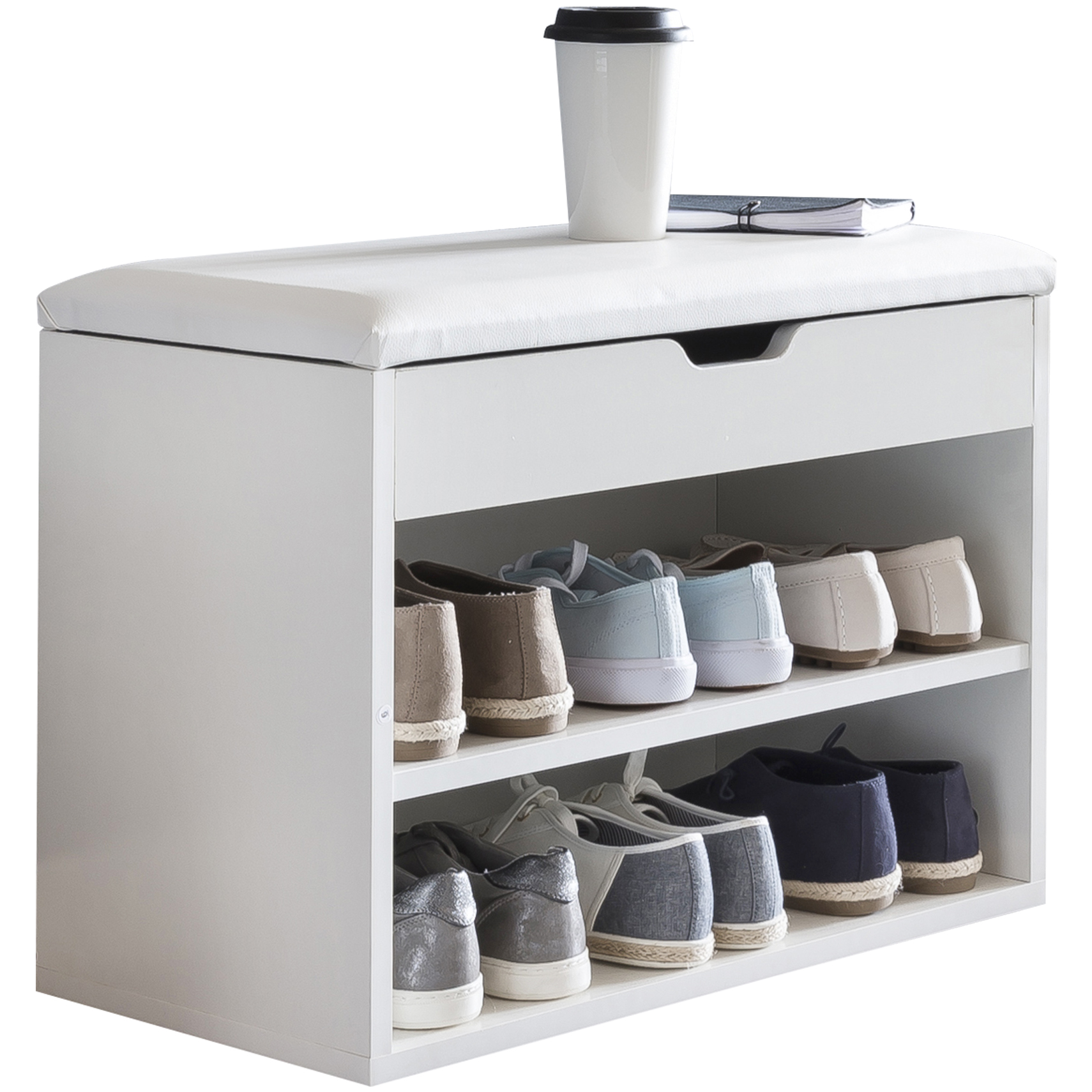 Witte Schoenenbank met witte kunstleren zitting | Hout 60x40x30 cm
