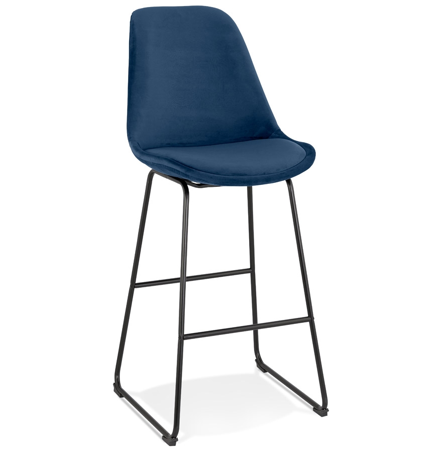 'BULLY' barkruk in blauw fluweel en zwart metalen poten