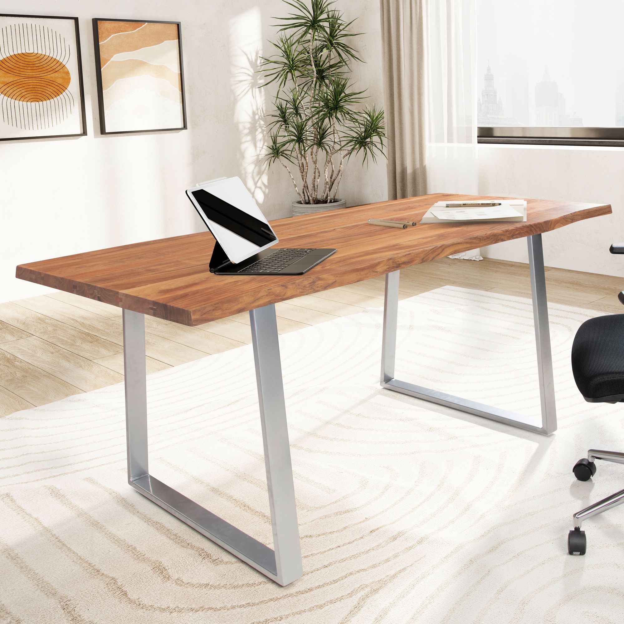 Bureau 120x60x76 cm | Massief Acaciahout | Natuurlijke rand licht goudbruin, verchroomde poten