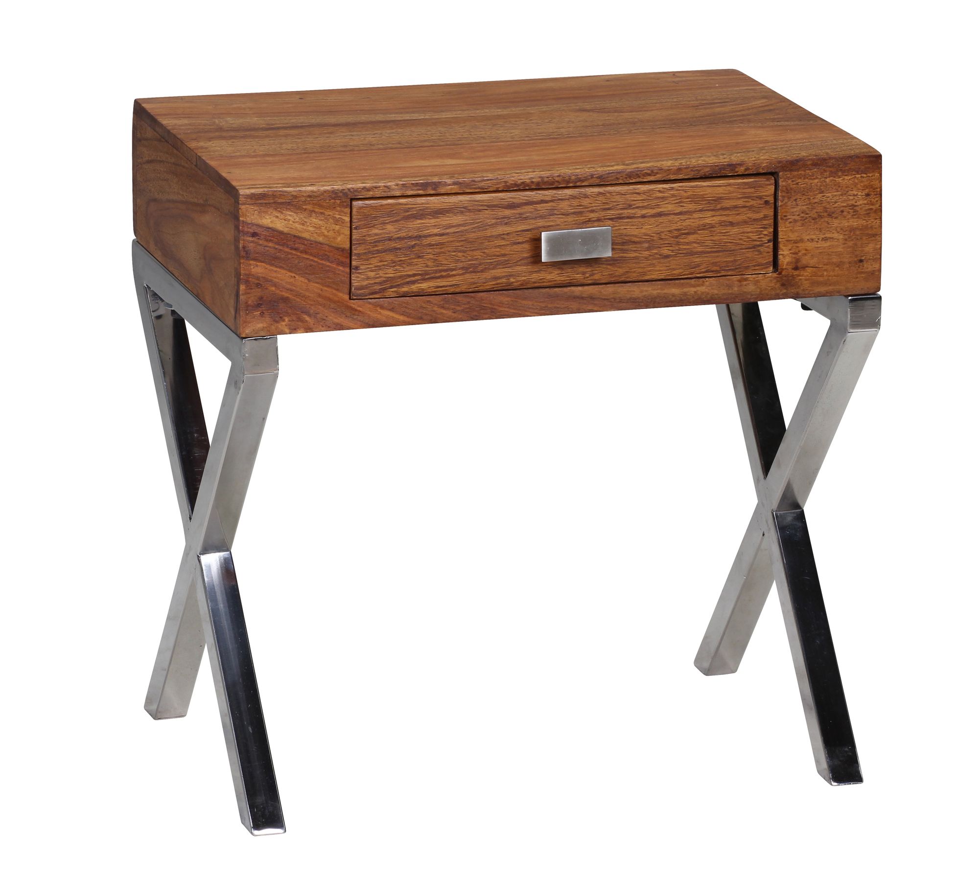 Massief Sheesham Houten Nachtkastje Donkerbruin | 45 cm Breedte | 1 Lade, Chroom Metalen Poten