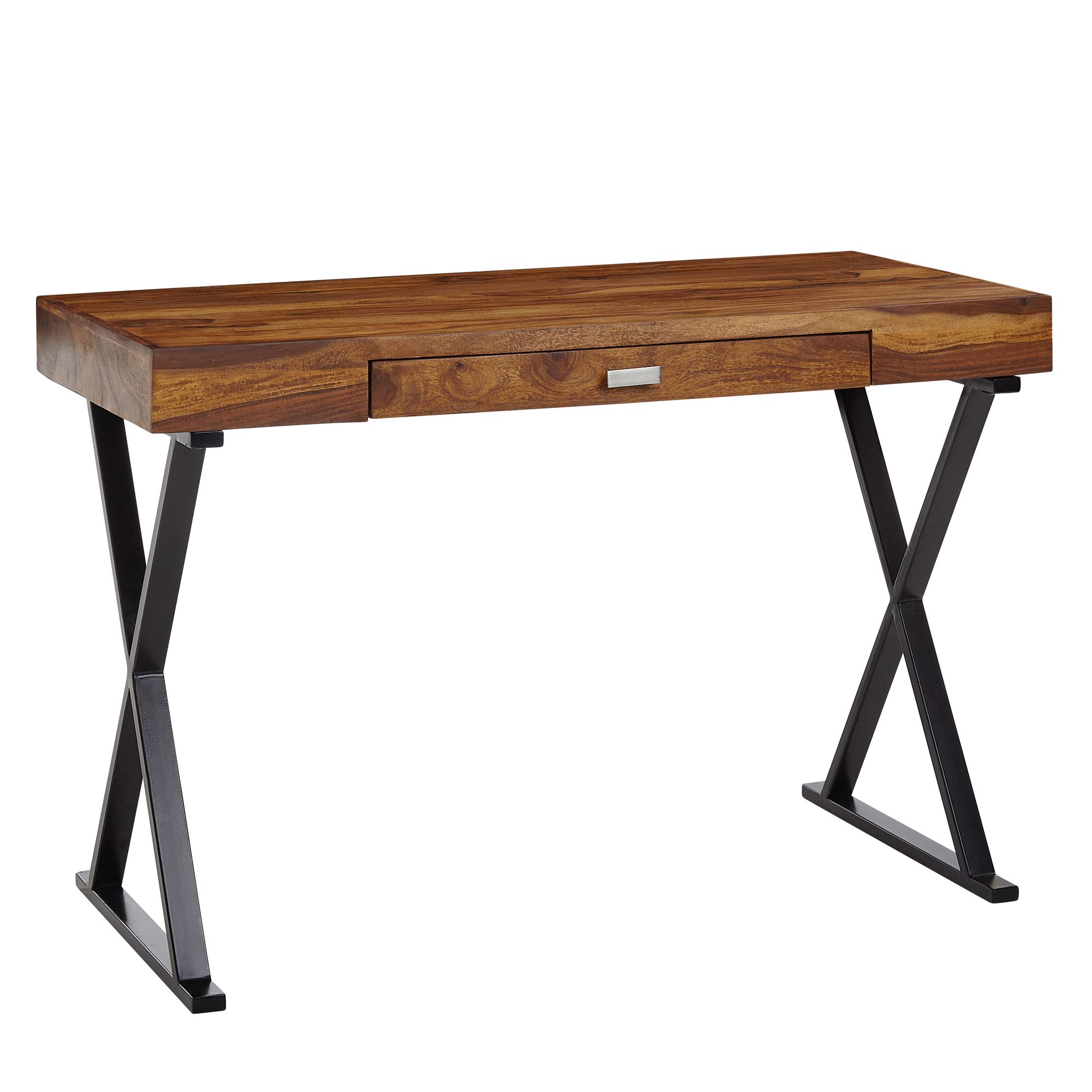 Bureau 120x55x78 cm Massief Sheesham Hout / Zwart Metaal | Ontwerp Bureau met Lade | Laptoptafel met Opbergruimte