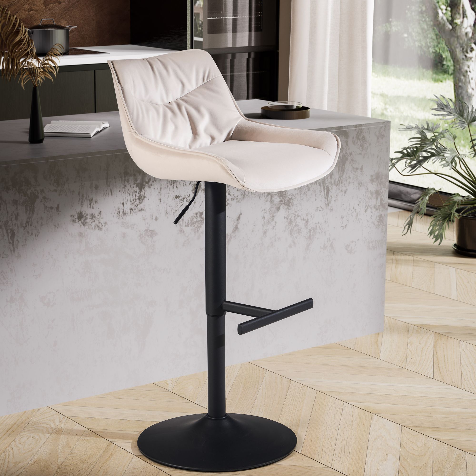 Barkruk Fluweel Beige | Kruk met Rugleuning | Verstelbare Hoogte 86 - 106 cm