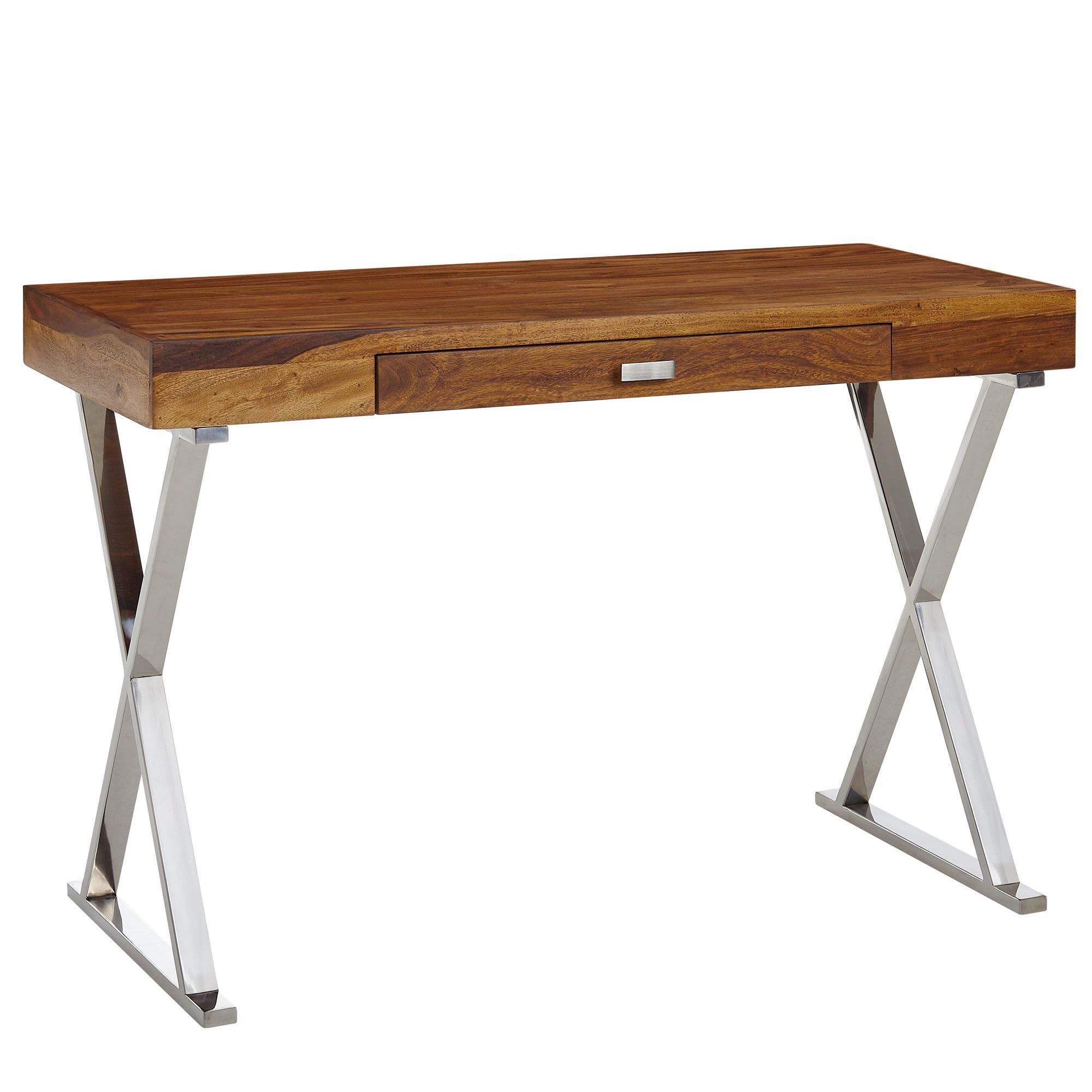 Bureau 120x55x78 cm | Massief Sheeshamhout & Chroom Metaal | Modern Design met Lade | Donkerbruin & Chroom