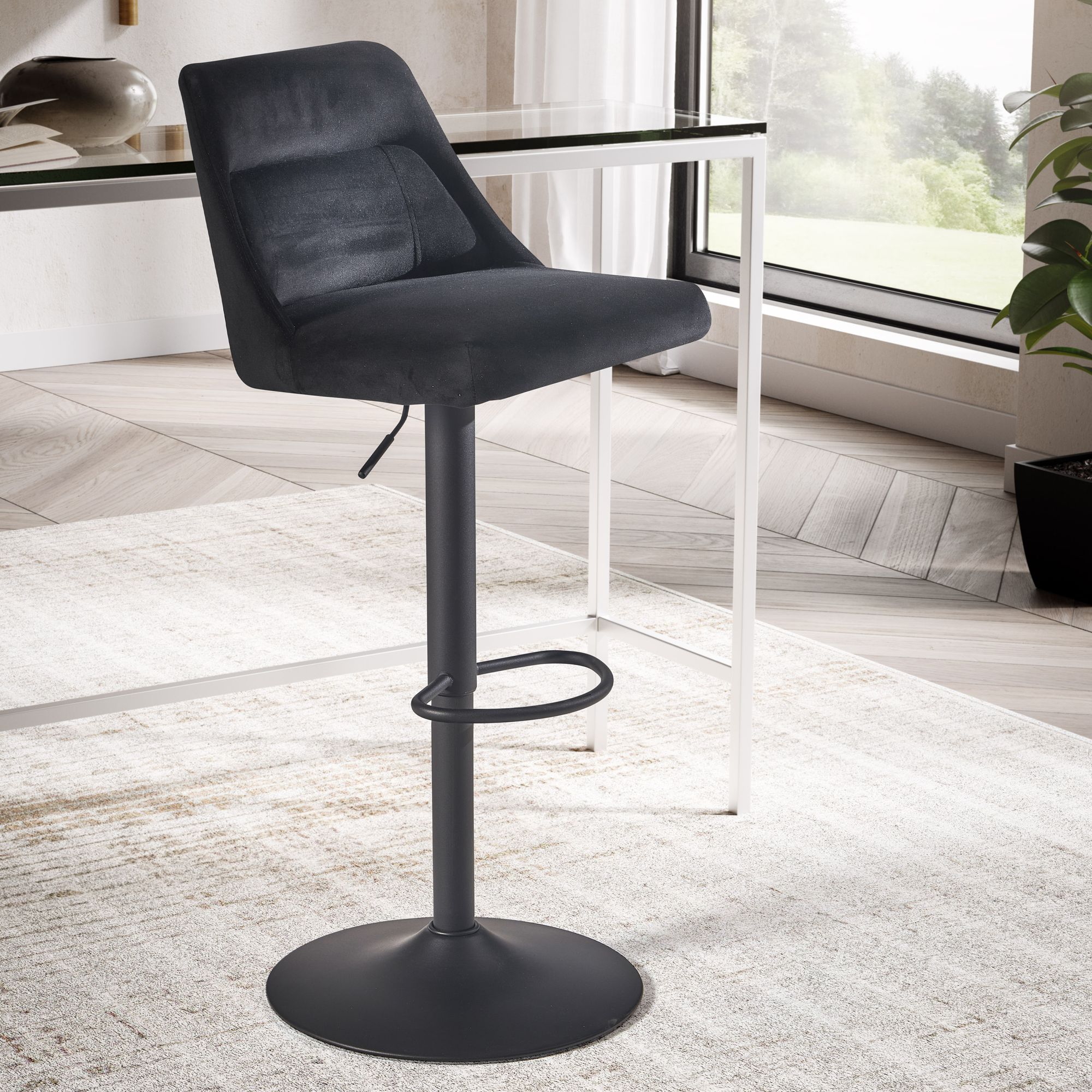 Barkruk Zwart Fluweel | Rugleuning | Verstelbare Hoogte 86-106 cm