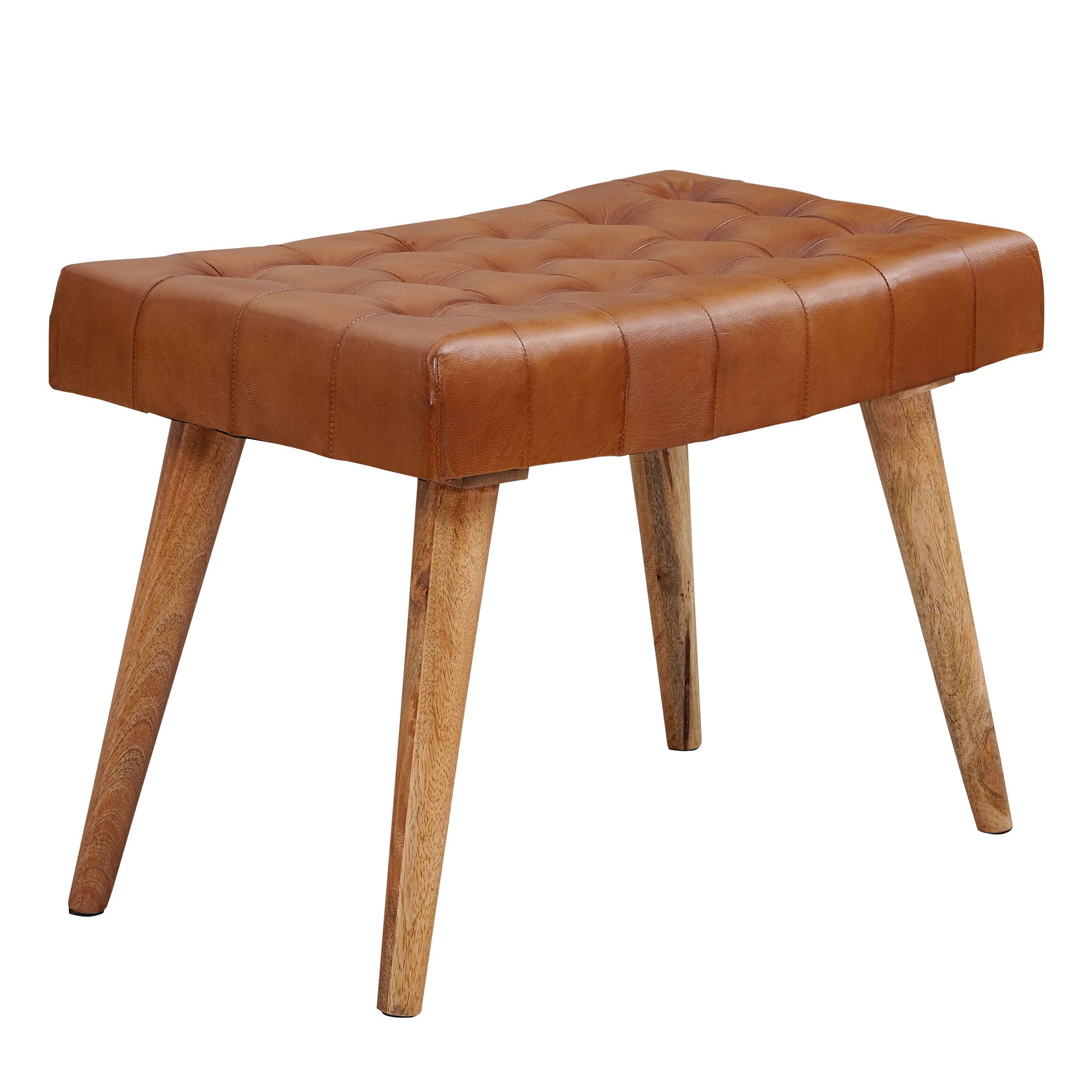 Chesterfield voetenbank bruin leer & mangohout | 67x47x39 cm