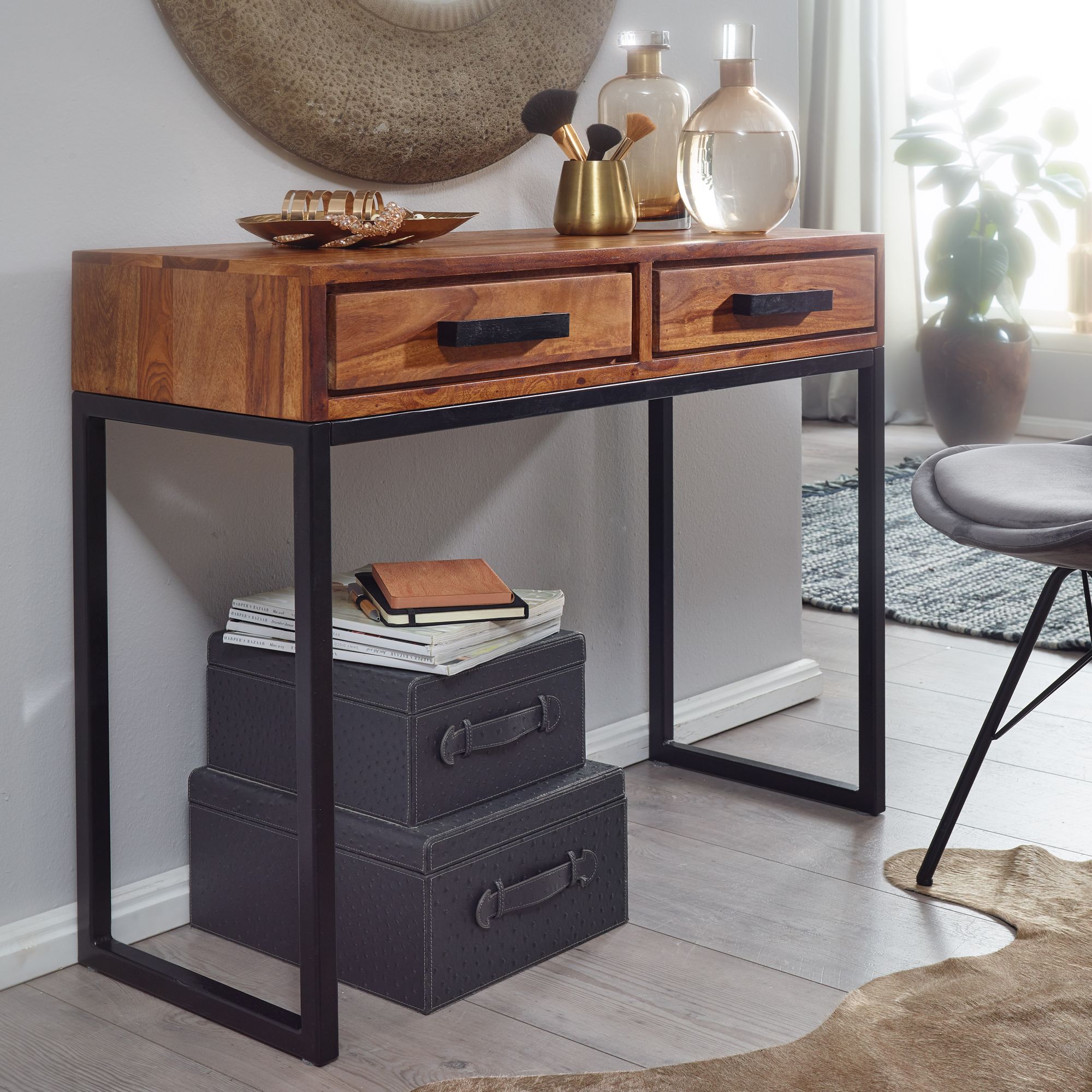Console  sheesham massief hout / metaal 90x76x36 cm hal tafel