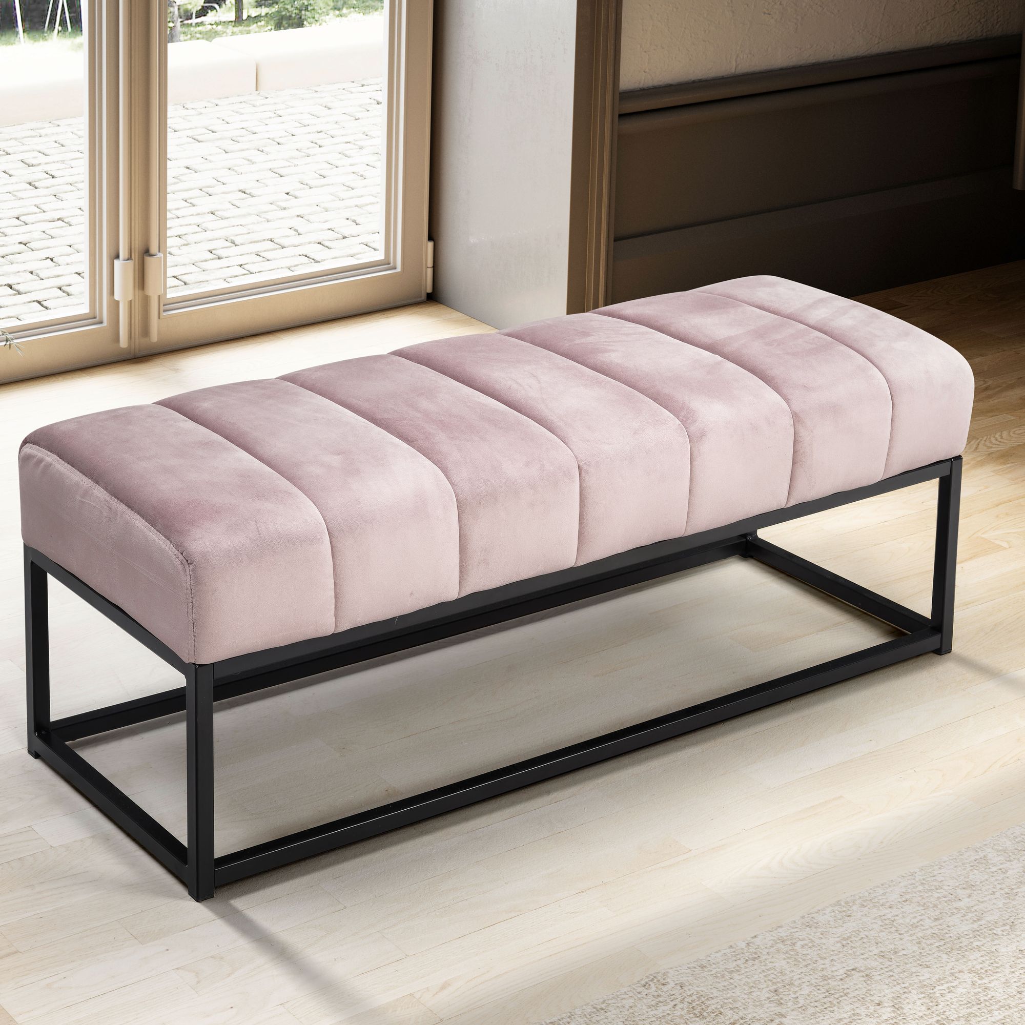 Bank fluweel roze 108x40x40 cm hal gestoffeerde bank met metalen frame, design bedbank slaapkamer gewatteerd, gangbank kledingkast bank modern