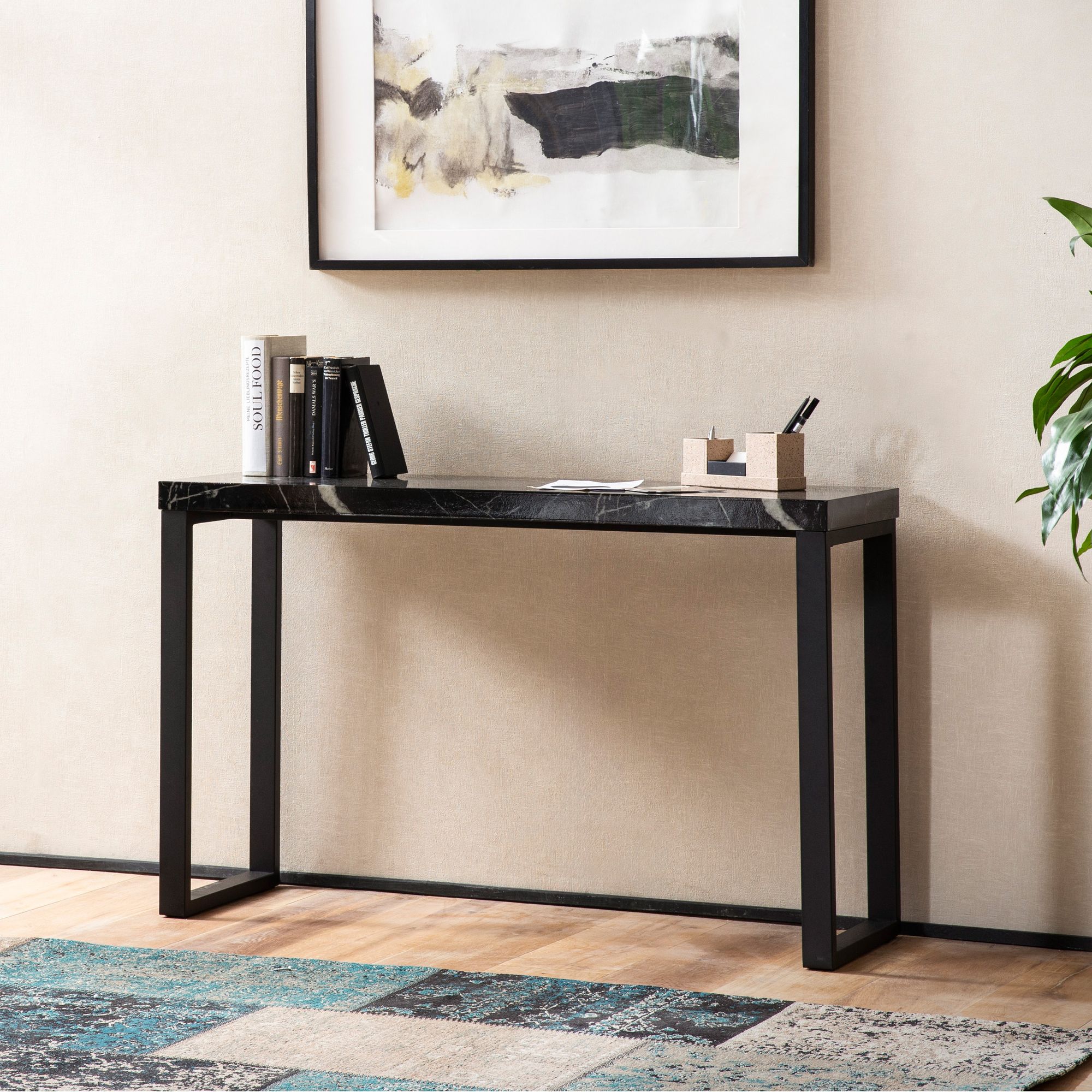 Consoletafel marmerlook zwart hoogglans 120x40x76 cm design dressoir hal, smalle opbergtafel, haltafel met metalen poten, lange hoge haltafel, klein bureau