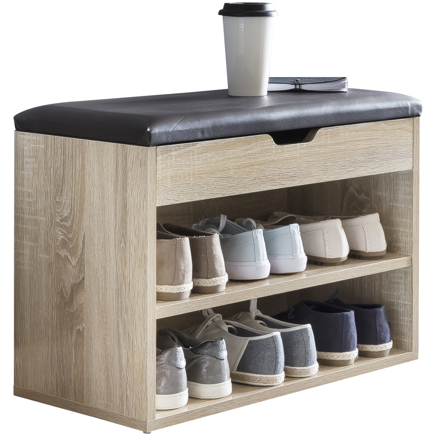 Schoenenbank Sonoma eiken met zwarte kunstleren zitting | Hout 60x40x30 cm