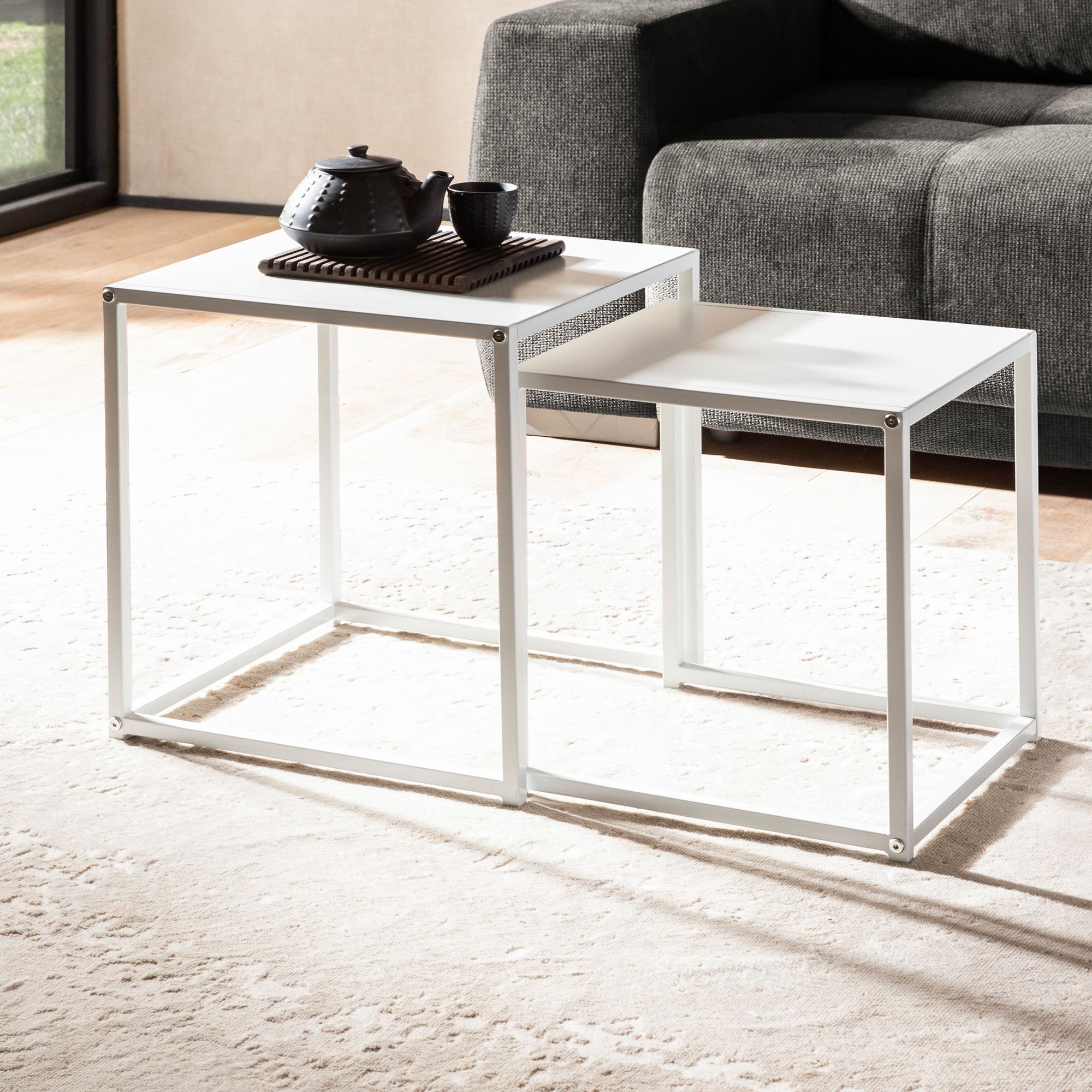 2-delige Bijzettafelset Wit Metaal 40x40x45 & 35x35x40 cm | Industrieel Design
