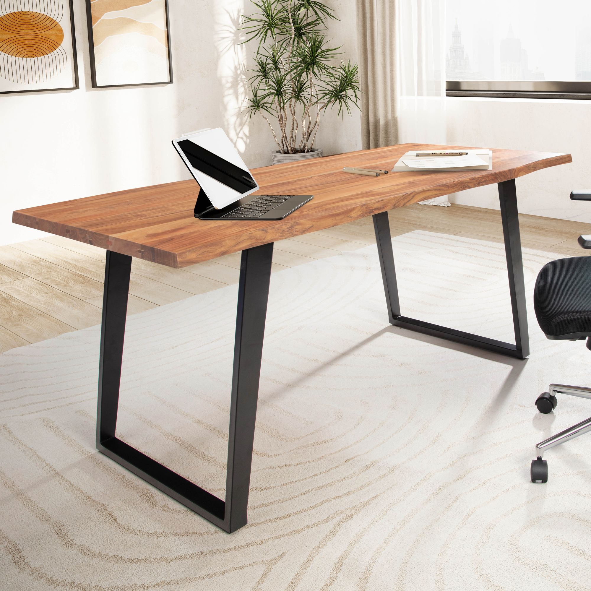 Bureau 200x100x76 cm Massief Acaciahout / Zwart Metaal | Blad met natuurlijke rand