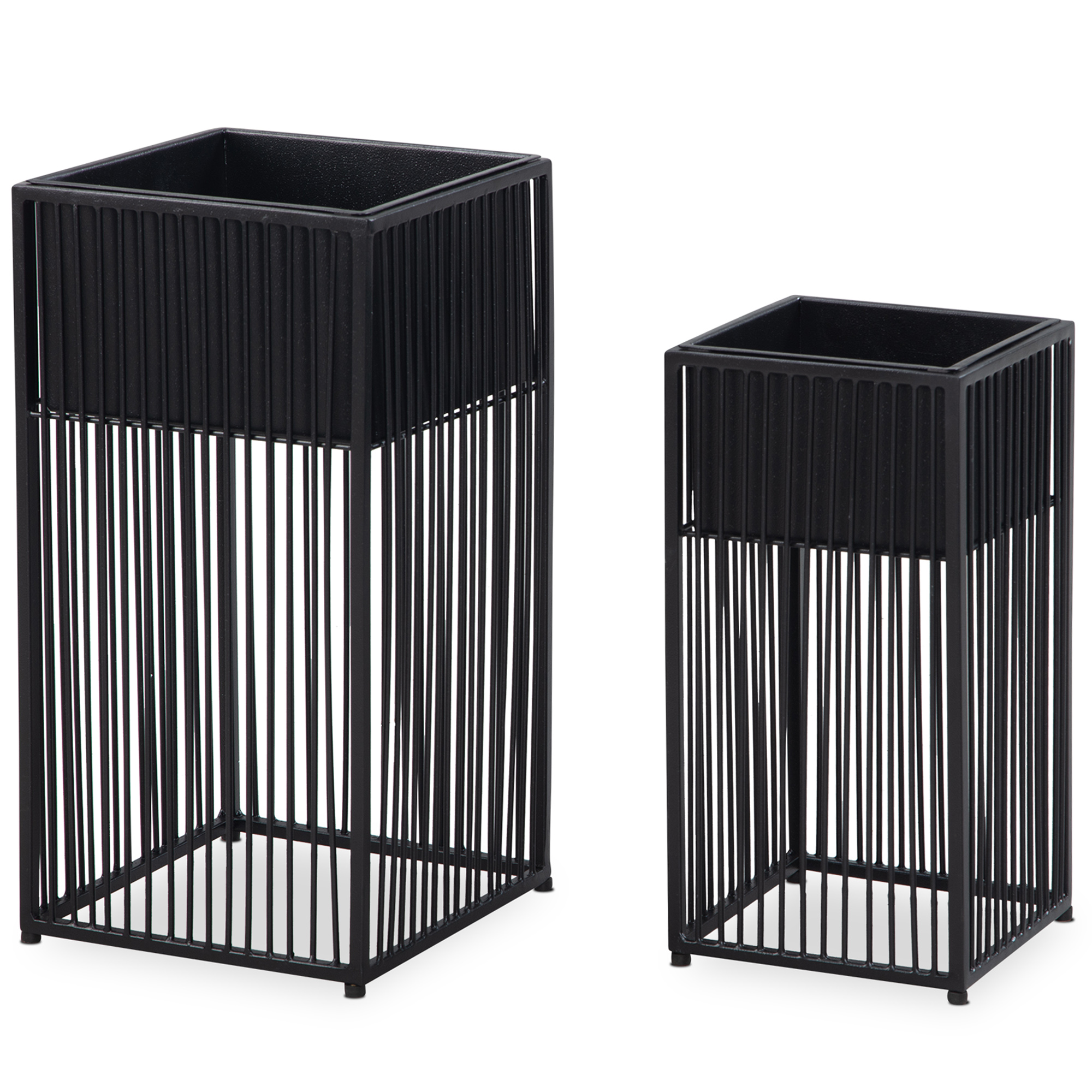 Bloempot set van 2 metalen plantenpotten zwart met frame