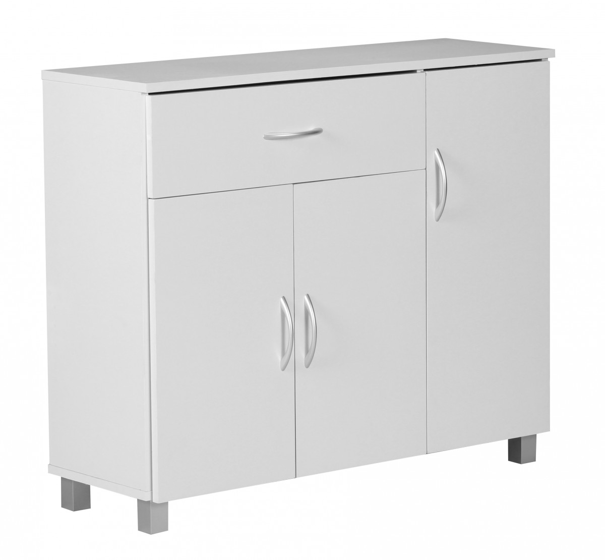 Design dressoir SETE mat wit 90 x 75 x 30 cm | 1 lade & 3 deuren, grijze aluminiumgrepen
