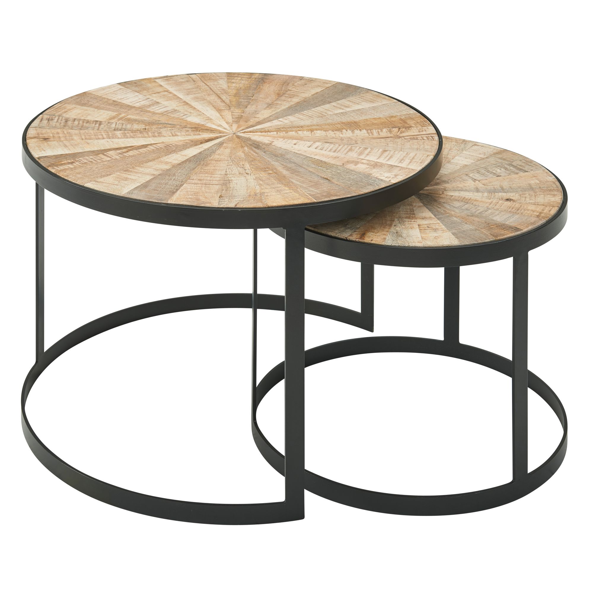 2-delige ronde salontafelset mango massief hout / zwart metaal | Bruine bladen | Afmetingen 60x40x60 cm & 45x35x45 cm