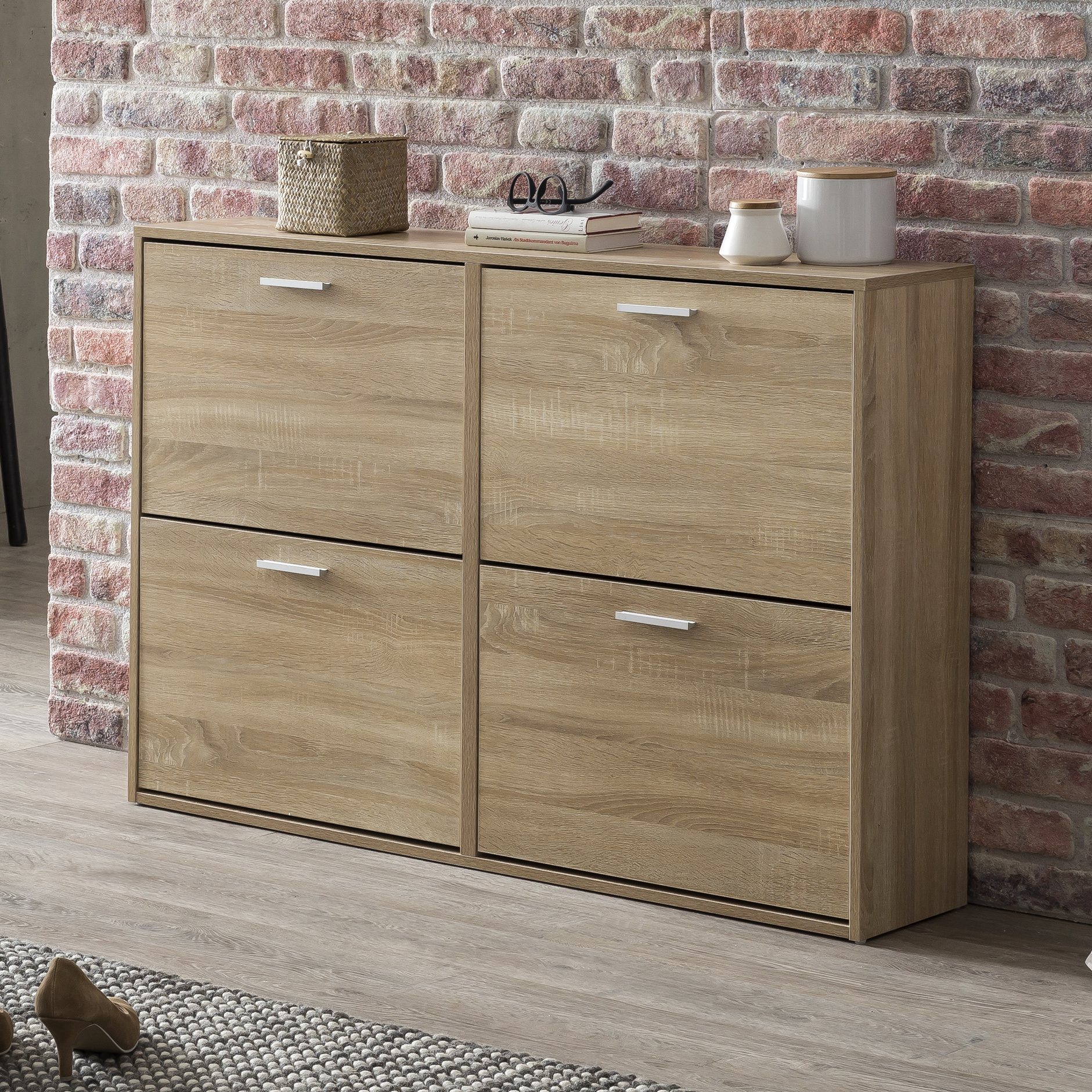 Houten schoenenkast Sonoma | 120x81x24 cm | 4 vakken, aluminium handgrepen