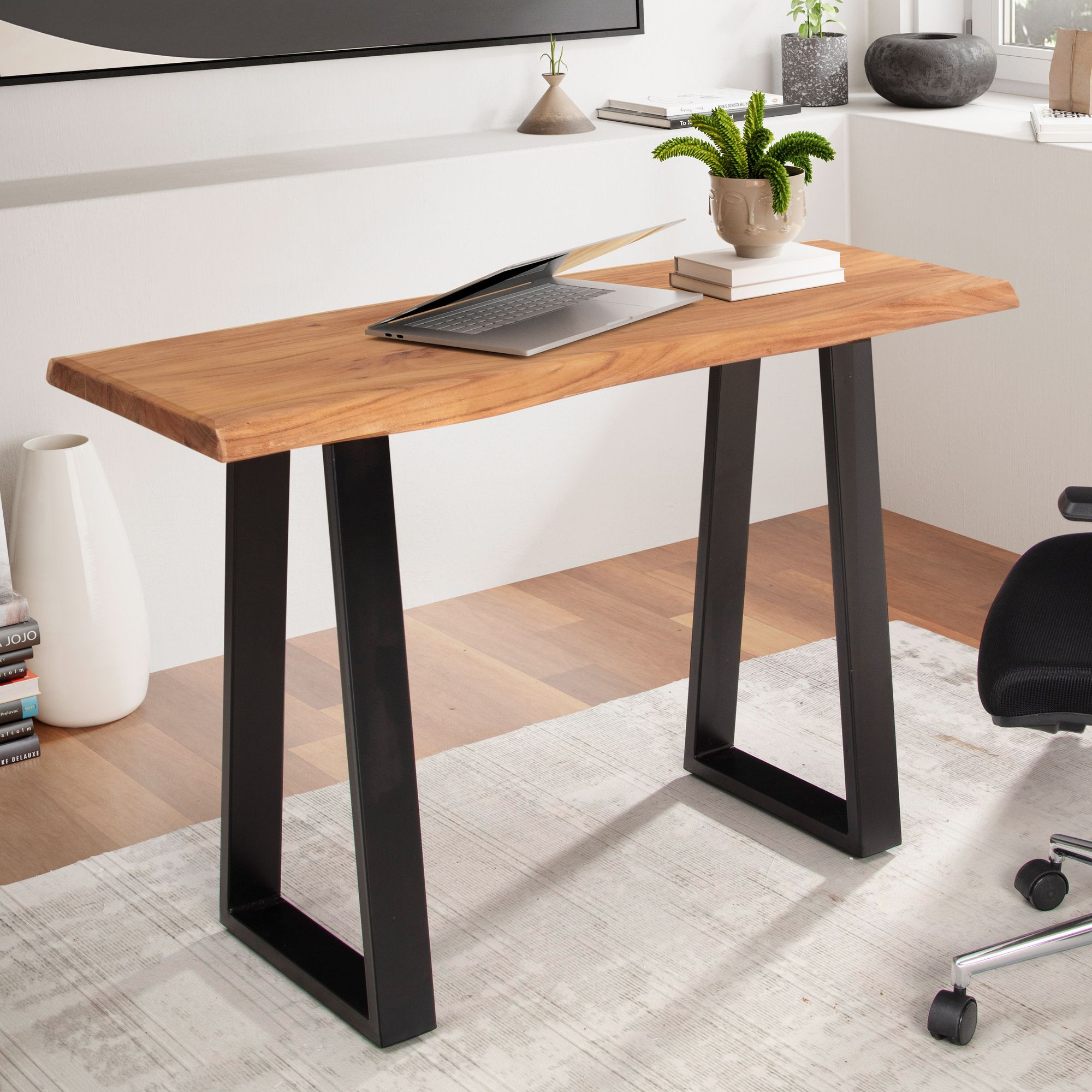 Bureau massief acaciahout met metalen poten | Natuurlijk hout & zwart | 118x41x76,5 cm