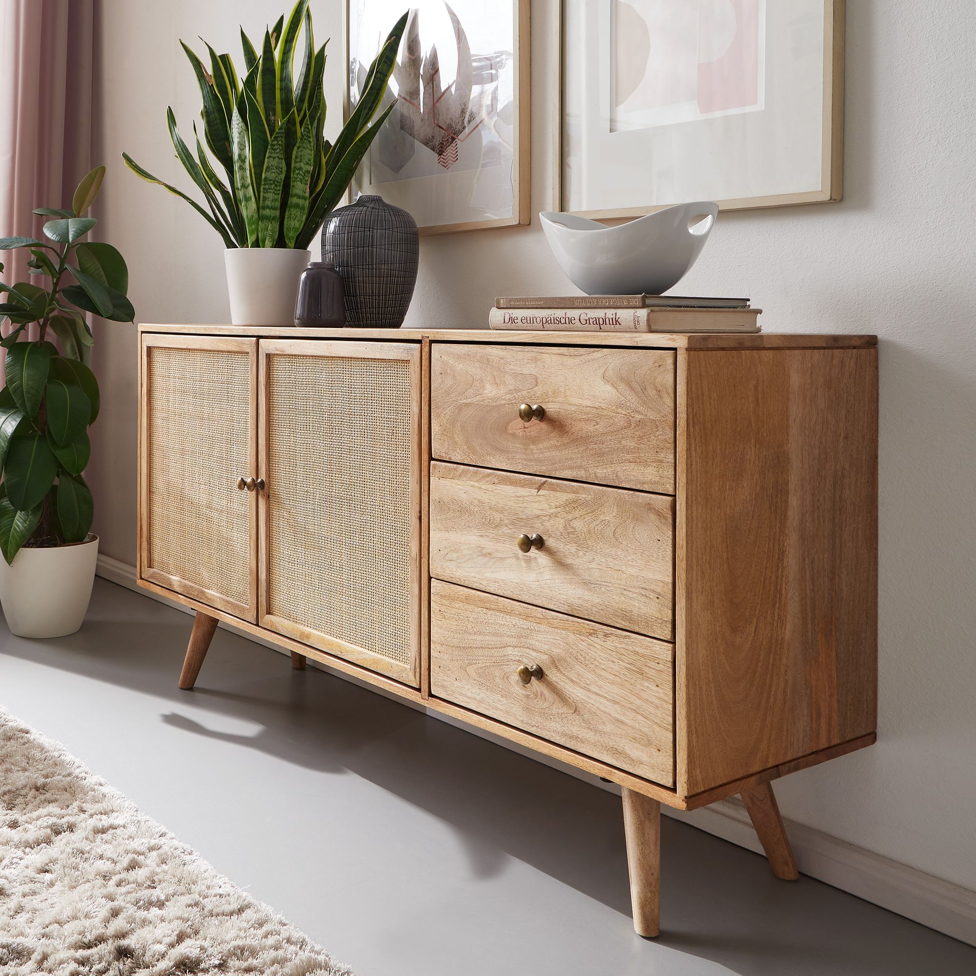 Design Dressoir Mango Massief Hout & Rotan | Bruin en Goud | 140x75x40 cm