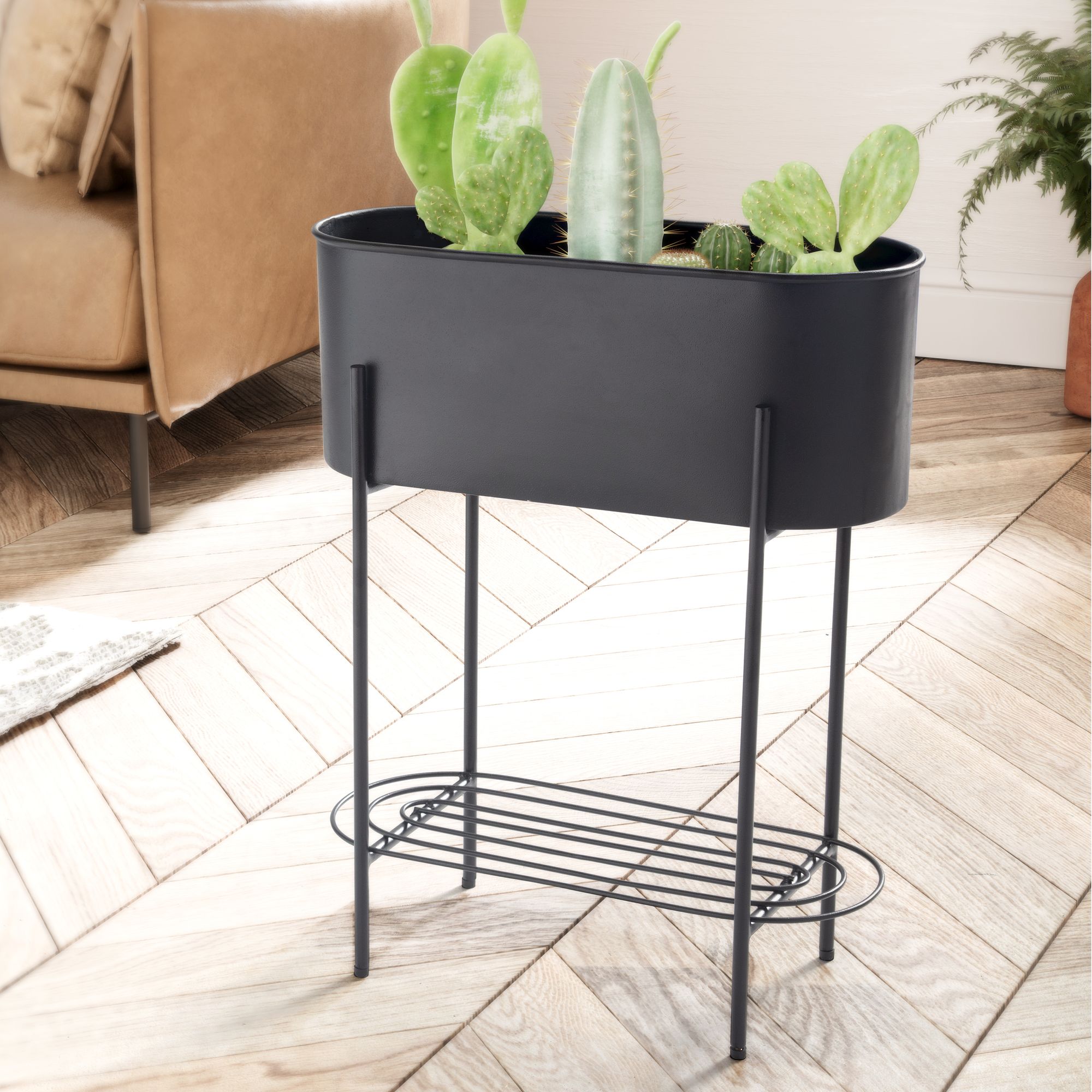 Plantenbak metaal 51x65x22 cm plantenpot zwart met frame en plank