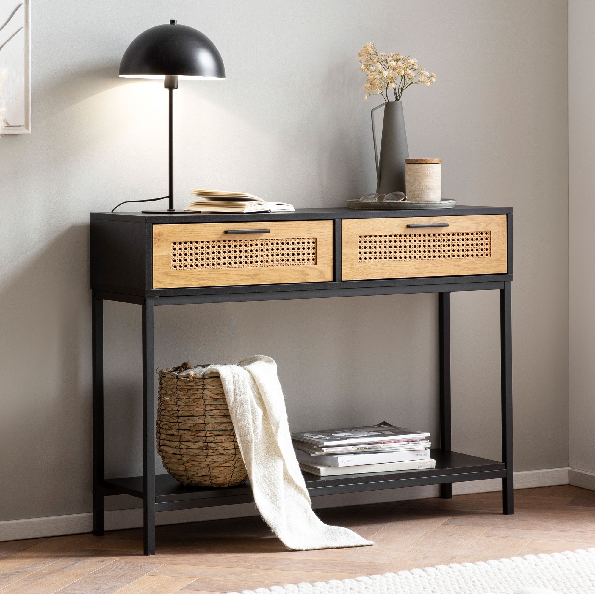 Consoletafel zwart 100x30x75 cm design dressoir hal, smalle opbergtafel met weens vlechtwerk, haltafel met laden en plank, haltafel lang hoog rotan